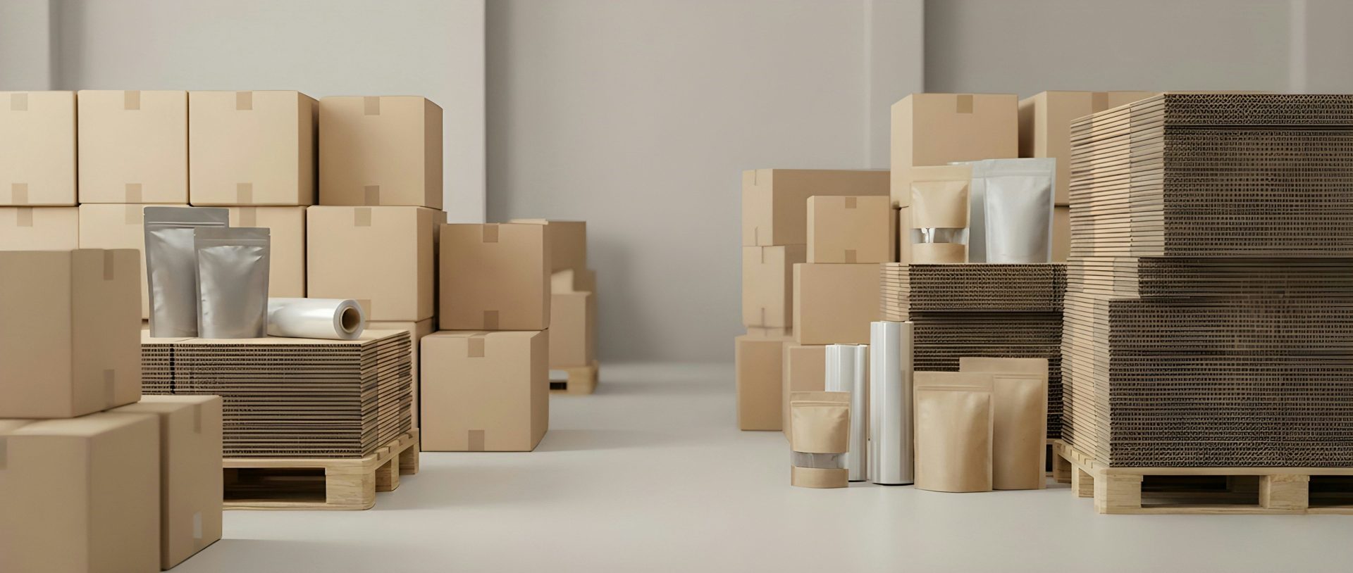 Kartons und Verpackungsmaterialien in einem Lagerhaus.